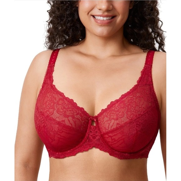 Delimira Satin Minimizer Bra Size 34i Floral Lace Red Unlined Underwire 34 I - Picture 1 of 6